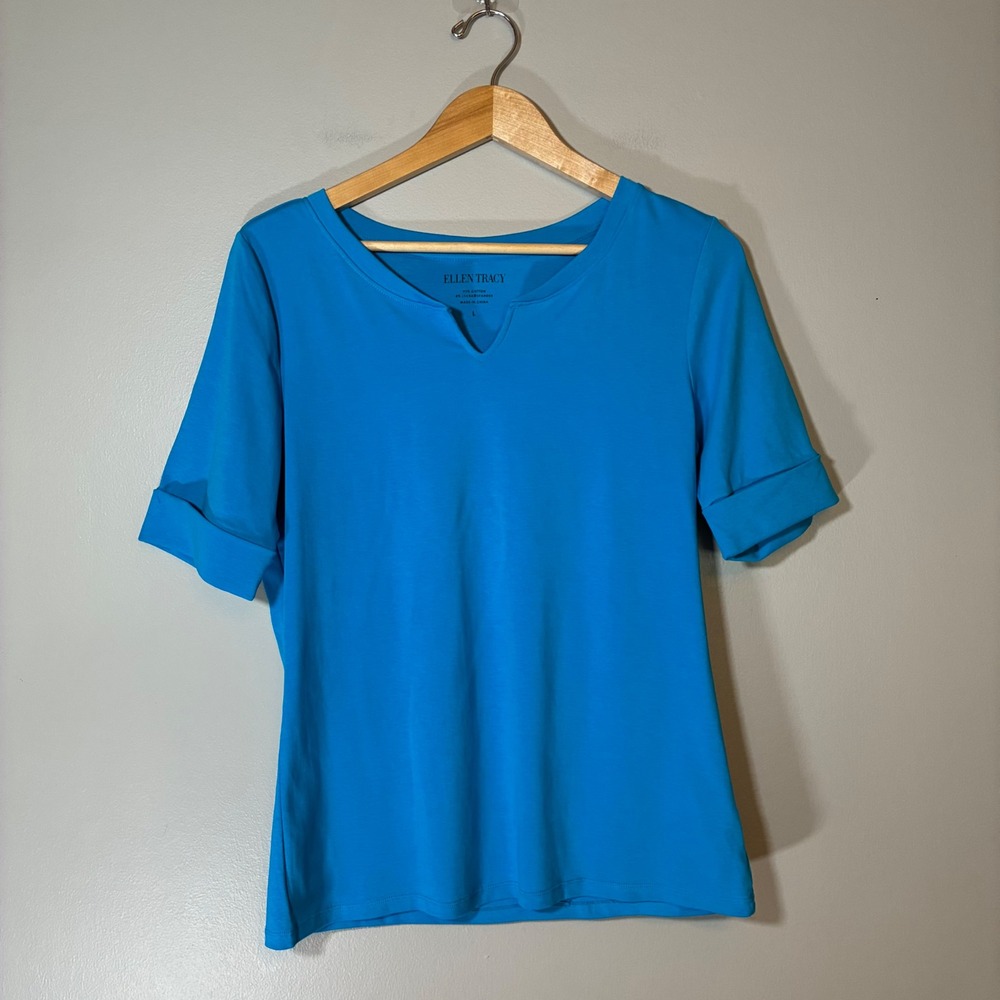 Ellen Tracy Blue Danube Split Neck Cuffed Short Sleeve Top Size L Cotton Stretch